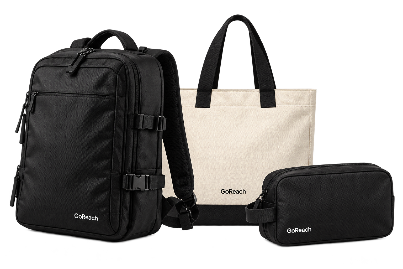 GoReach black travel backpack, cream tote and black travel pouch